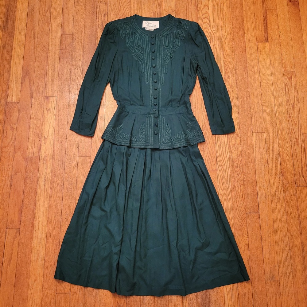 Sarah Elizabeth 10 Dress Green Soutache Peplum Midi Academia Granny Cottage